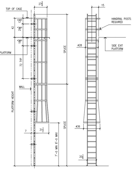 Configuration shown: roof access roof return. Exterior roof access fixed ladder with roof return. The roof return is the portion of the ladder mounted above the roof and means that the ladder is returning to the roof.