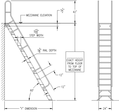 Configuration shown: ships ladder with handrails mezzanine access<br />Ships ladder fixed at 60 degrees with extended handrails for easy climbing, this model has a maximum height of 15 feet.