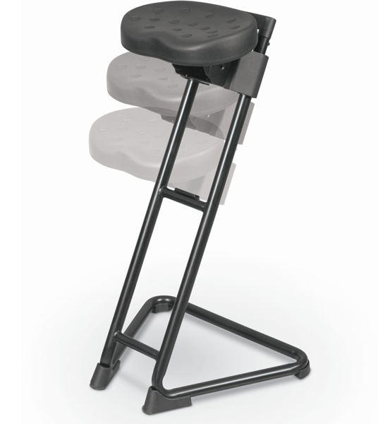 Adjustable perch stools allow for easy use of a sit/stand desk.
