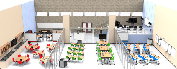 These various STEM classrooms are set up for lecture style seating and various teamwork seating arrangements. Often, computer stations are included. The key for new learning environments is the ability to easily reconfigure classrooms according to the needs of the lessons, and to foster connections between the teacher and students, and between students.