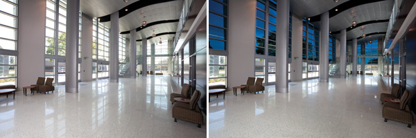 At Chabot College in Hayward, California, designers wanted to incorporate as much glass as possible to flood the interior with daylight and keep a connection to the outdoors. Electrochromic glass was used (clear on left and tinted on right) instead of mechanical shades or blinds in order to retain the view and keep the openness of the space.