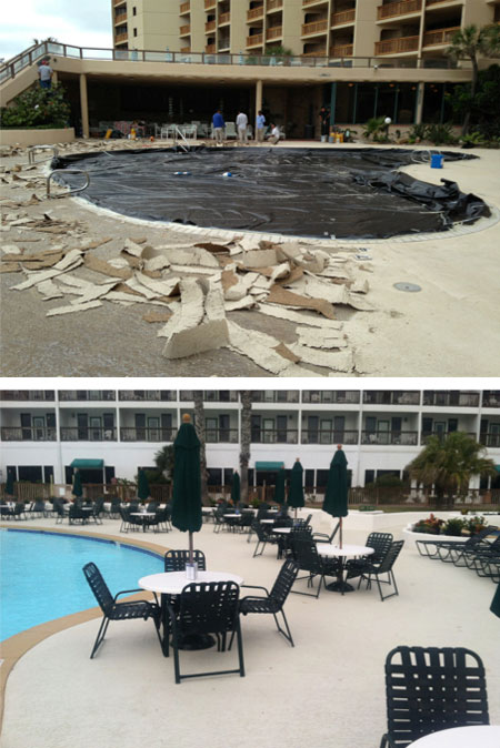 Top: The first step for this pool decking project was removing the old coatings. Bottom: After, the new decking adds class to the hotel.