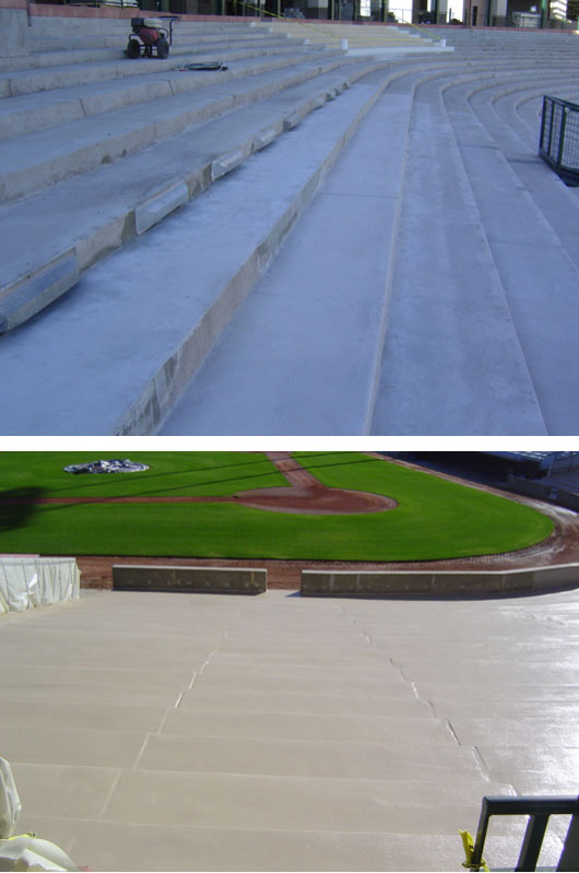 Top: Before, the concrete at this baseball stadium had suffered much use over the decades. Bottom: After an upgrade with a concrete overlay system, the concrete looked like new at a fraction of the cost.