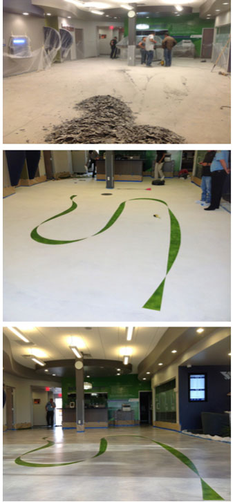 Top: The bank’s floor had suffered delamination and it needed to be fixed in a very short window of time. The existing coating had to be completely removed. Center: 
Using a complete system from just one manufacturer, the installers followed a series of treatments followed by application of a dyed ribbon accent. Bottom: Concrete overlay system complete with final coat of sealer. Because the overlay system is so much quicker than demolition and replacement of a failed concrete floor, the bank was able to welcome customers just 72 hours after the project was started.
