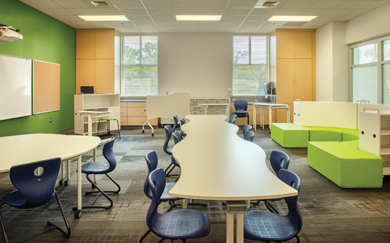 For collaborative, project-based learning, Clarke County schools introduced opening glass walls, flip-top tables and stacking desks on casters, adaptable storage modules, moveable soft furnishings, and low partitions, among other innovations.