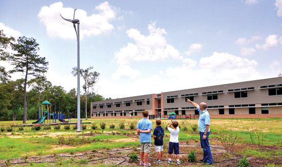 For the LEED Gold Gloria Marshall Elementary School, architects at SHW Group incorporated an on-site wind turbine and 10 kilowatts of roof-mounted photovoltaic cells in addition to a geothermal heating and cooling system.