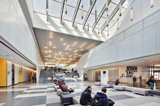 The interconnecting corridor at the John Jay College of Criminal Justice includes large meeting areas and food service facilities.
