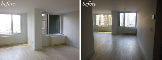 These two views show the apartment’s large living room with two large windows looking out on the cityscape and allowing light to flood deep into the space.