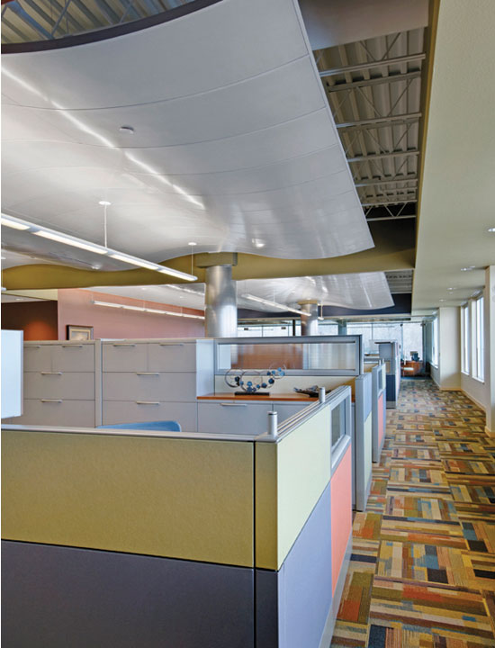 Different office spaces can be treated with different ceiling treatments to control acoustical performance.