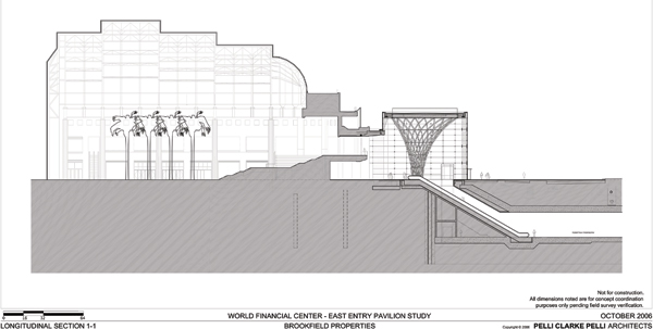 Architectural section showing the new entry pavilion that connects the Winter Garden on the left to the escalators and below ground PATH station on the right