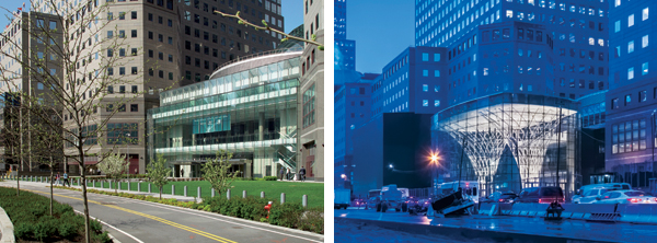 The 2002 temporary entry is shown on the left and the new entry pavilion on the right; both came about because of the full collaboration of the design team, contractors, and owner.