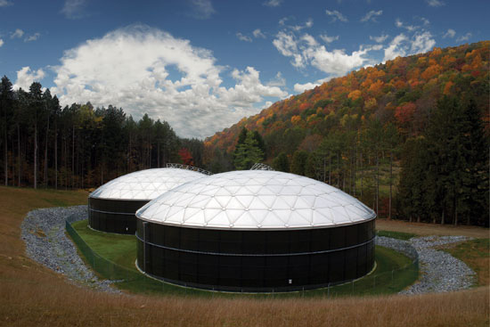 Structure of an aluminum dome roof atop a glass fused to steel