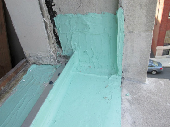 Liquid flashing installation at window opening—single material and installation operation. 