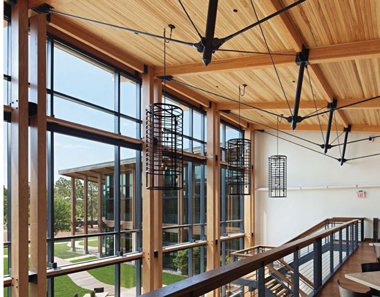 To help meet its goal of creating the best workplace environment for employees, Live Oak Bank chose southern yellow pine glulam beams, columns, and king-post trusses, and cypress exterior siding.