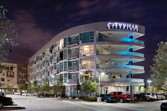A mixed-use urban infill project in the heart of Dallas, Cityville Cityplace includes five stories of Type IIIA wood-frame construction (modified per Dallas IBC amendments). 