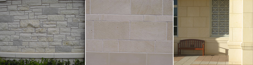 Texas limestone is available in a variety of surface textures such as the fairly rough split block (left), a more subtle rustic finish (center), or honed smooth (right). 