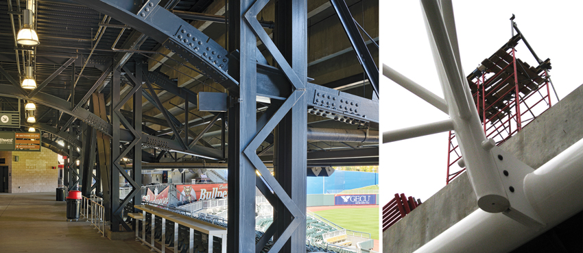 The Southwest University Park stadium represents a more tectonic style (left), emphasizing bolts and connections. The intersection of multiple AESS members in the close-up image of the Loyola’s Institute of Environmental Sustainability Ecodome (right) are much more plastic, seamless, and smooth.