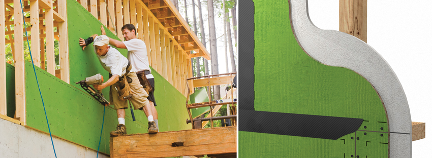 Left: workers installing a panel. Right: a close-up cutaway of the panel.