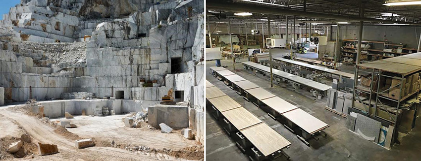 Left: A stone quarry. Right: A stone factory.