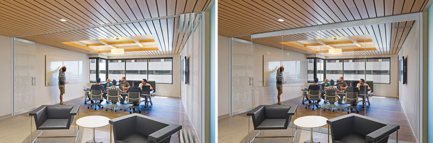 Operable glass walls provide the flexibility of opening spaces up to each other (as shown on the left) or separating spaces (as shown on the right) to create privacy and sound isolation without sacrificing light and visual connectivity.
