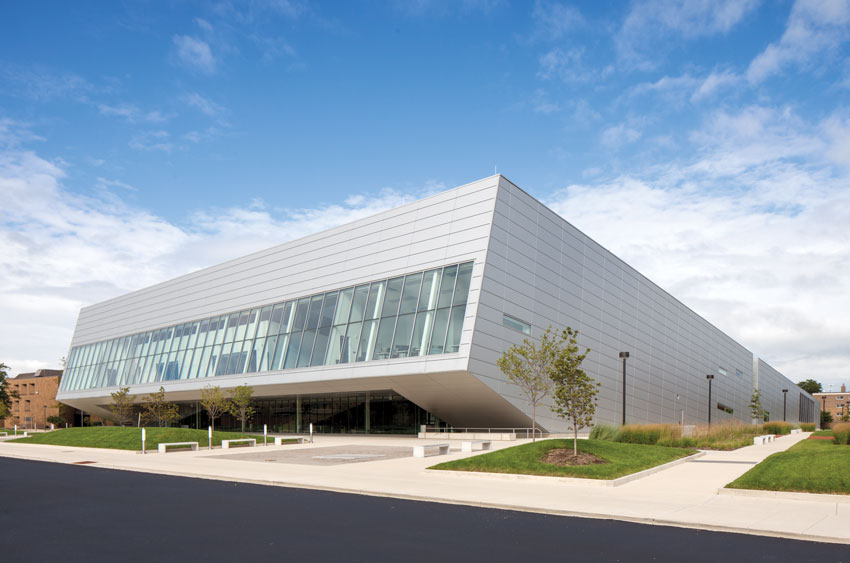 Exterior photo of a building featuring insulated metal panels (IMPs).