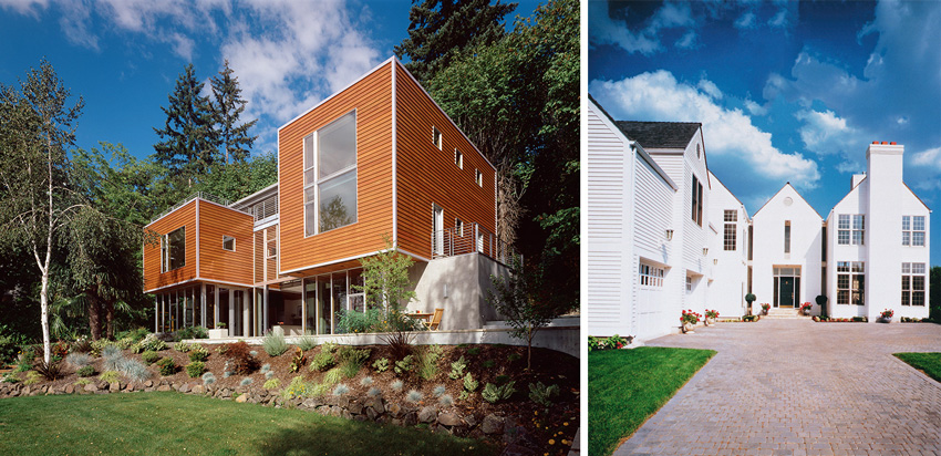 Photo of bevel cedar siding for horizontal siding on red and white buildings.