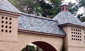 Varied slate colored roofing gives architectural effects