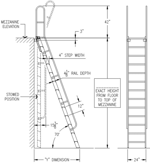 Configuration shown: pivotal ships ladder mezzanine access. A 70-degree pivotal ladder with hinged bracket for mezzanine access requires an extended handrail.