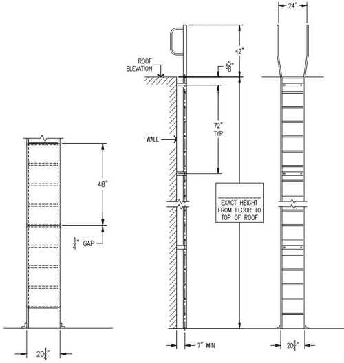 Configuration shown: roof access. Right: Exterior roof access vertical fixed ladder with handrails extending 42 in. over the roof.  Left: Configuration showing placement of the security door.