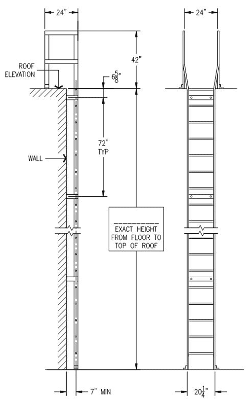 Configuration shown: roof access roof return. Exterior roof access fixed ladder with roof return. The roof return is the portion of the ladder mounted above the roof and means that the ladder is returning to the roof.