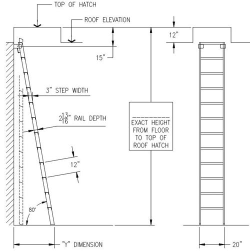 Configuration shown: ships ladder without handrails roof hatch access<br />Pivotal ladder hinged at the top extends 80 degrees from the horizontal.
