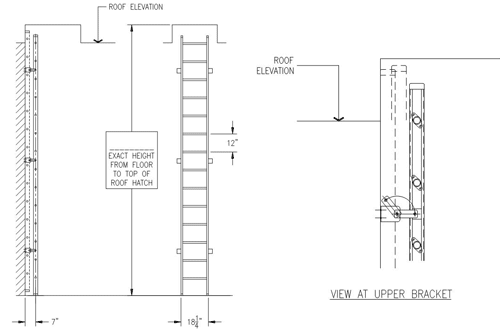 Configuration shown: retractable vertical ladder roof hatch access. Right: Retractable ladder saves space when accessing roof hatches from the interior of small rooms. Left: Upper bracket detail for retractable ladder. Rotating brackets allow the ladder to be extended.