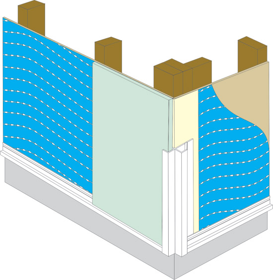 High performance drainable housewrap has spacers that create a drainage space between sheathing and cladding.