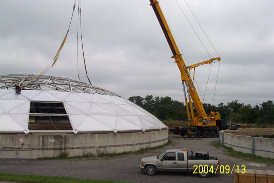 An innovative solution at Halton included the construction of the dome in an adjacent field and then lifting it into place with a crane.
