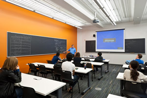 The underfloor component of the hybrid system ventilates the building with fresh air, while the chilled sail component delivers radiant heating and cooling to the Liberal Arts Building at Upper Iowa University.