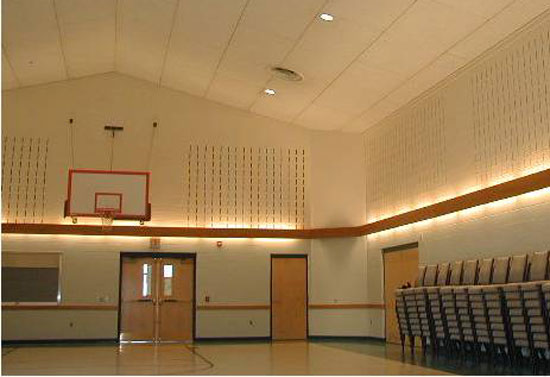 Photo of a gymnasium with sound absorbing panels.