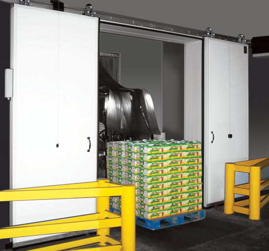 In high-activity areas where forklifts are used, bi-parting, electrically operated sliding doors may be the most efficient option.