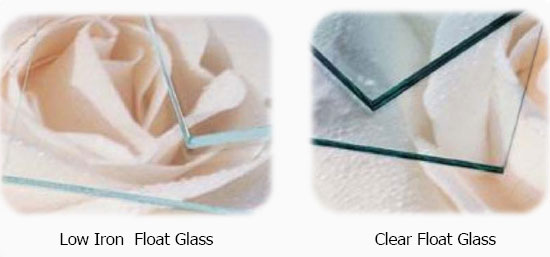 Low-iron glass shown on the left is more optically clear without the common green tint found in most conventional glass products as seen on the right, particularly along the glass edges.