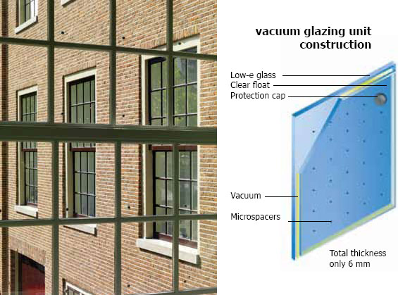 Vacuum insulated glazing uses clear micro spacers to keep the panes separated but still allows for good visual clarity in the size and weight of glass suitable for historic renovations.