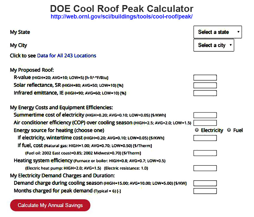 Figure 6 provides and illustration of a partial screen shot of the Cool Roof Peak Calculator from the web site of Oak Ridge National Laboratory.