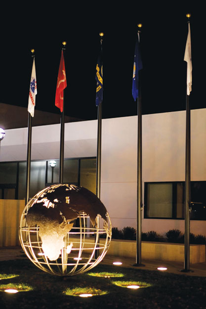 Clovis Veterans Memorial, Clovis, California. Recessed in-grade fixtures installed in dirt or in concrete require adequate drainage to protect their longevity and performance.