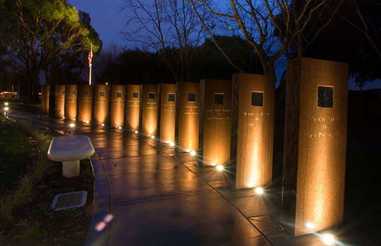 Flight 93 Memorial, Union City, California. The length of a project must be considered when selecting how the installation will be powered, because low-voltage wires experience a voltage drop over long distances, which affects light output.