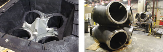 Cast steel is formed in a hollow sand mold which receives the molten steel and then is removed to reveal the finished steel product.