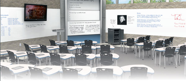 Even when seats are arranged in a somewhat traditional lecture format, the teaching surfaces and technology the instructor uses to convey lessons is highly advanced from just a few years ago.