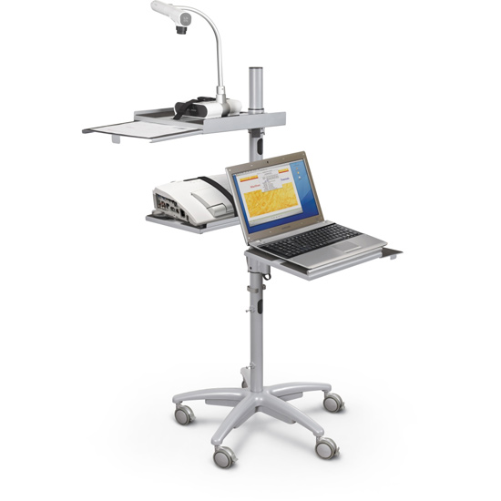 A mobile workstation allows a teacher to teach effectively throughout the classroom, including one-on-one sessions with students or small groups.