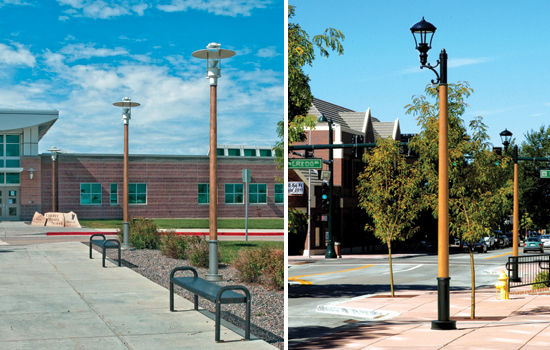 Laminated wood poles were used at a school facility (left) and at a streetscape project (right) to meet renewable resource criteria and provide a natural aesthetic.