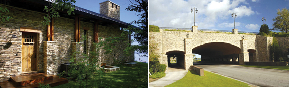 Manufactured stone veneer was used at a northwestern Wisconsin house (left) and throughout the Parkland Golf and Country Club (right).