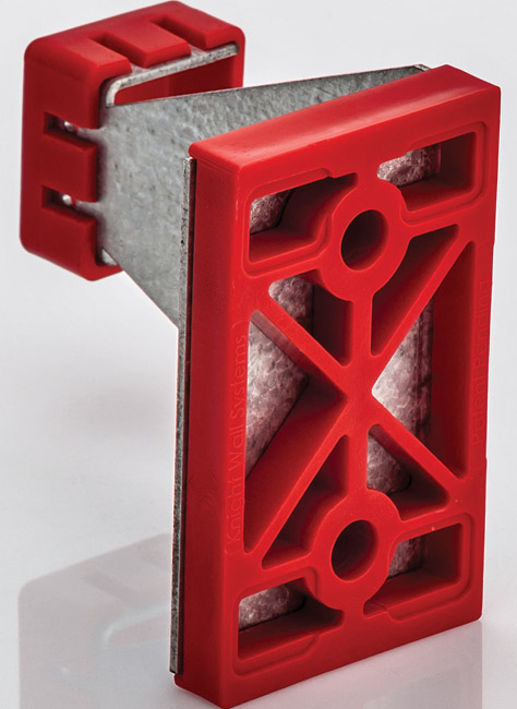 A bracket typically used with mineral fiber insulation. Note the webbed thermal isolation base which not only reduces thermal transfer due to lower conductivity, but also reduces contact area with the substrate by approximately 60%.