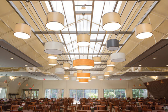 To deal with that extensive space, the design team brought in acoustical ceiling tiles with ceiling fixtures and dropped pendants.