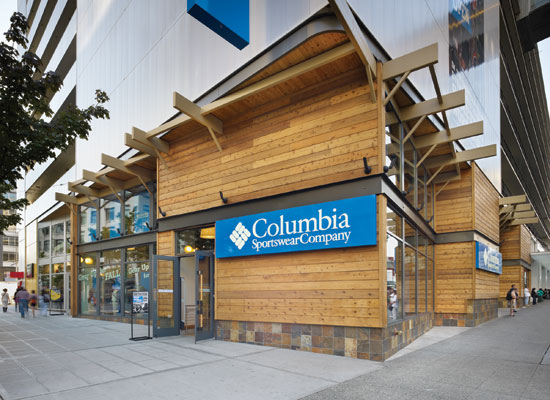 The signature retail spaces for Columbia Sportswear Company and subsidiary brand Mountain Hardwear created a storefront of knotty Western Red Cedar leading into nearly 20,000 square feet of retail space on a highly visible corner in Seattle.